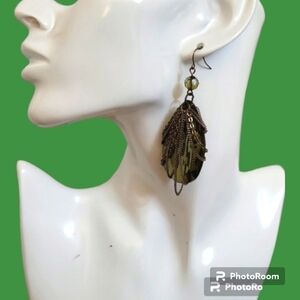 VTG Olive Green Prism Draped Chain Old Hollywood Gasparilla Chandalier Earrings